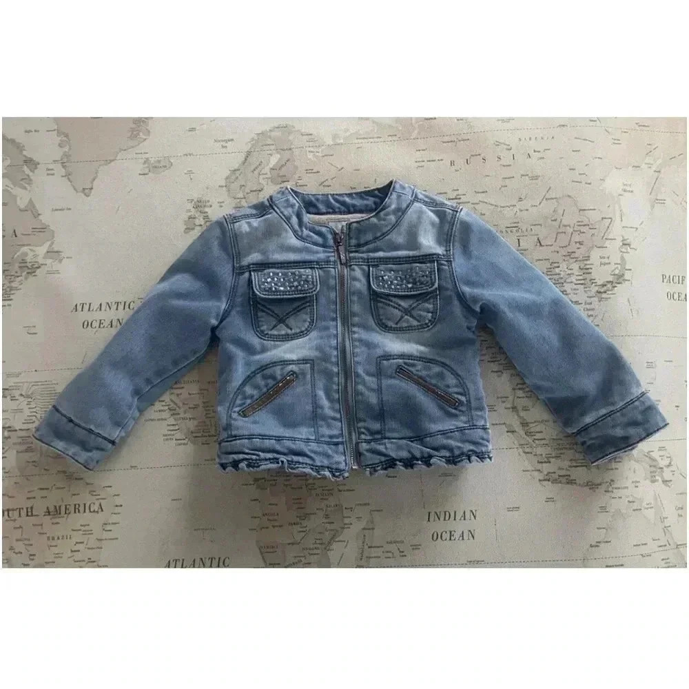 Mayoral Fur Lined Zip Up Denim Jacket 2T